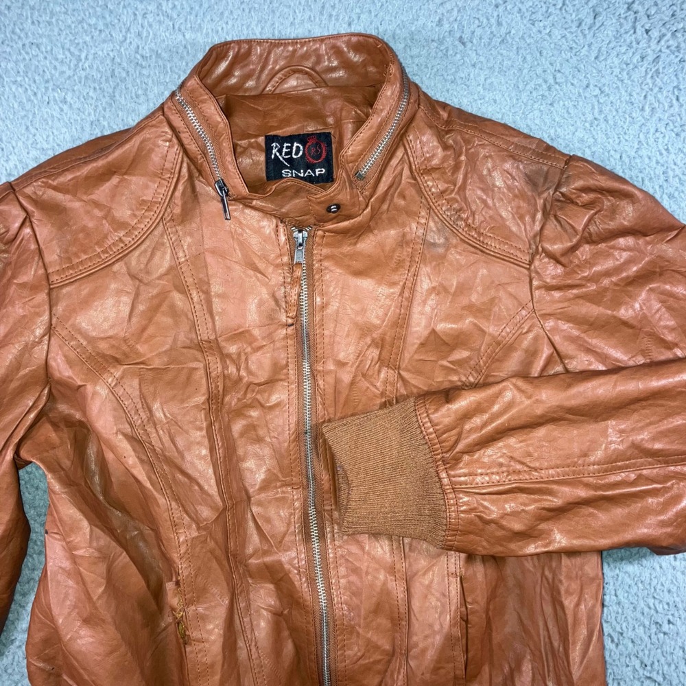 Faux Leather Bomber Jacket Women 1X Cognac Brown Moto Zip Up Edgy Grunge Biker